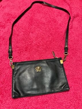 Black Leather Crossbody Bag with Gold Medusa Emblem